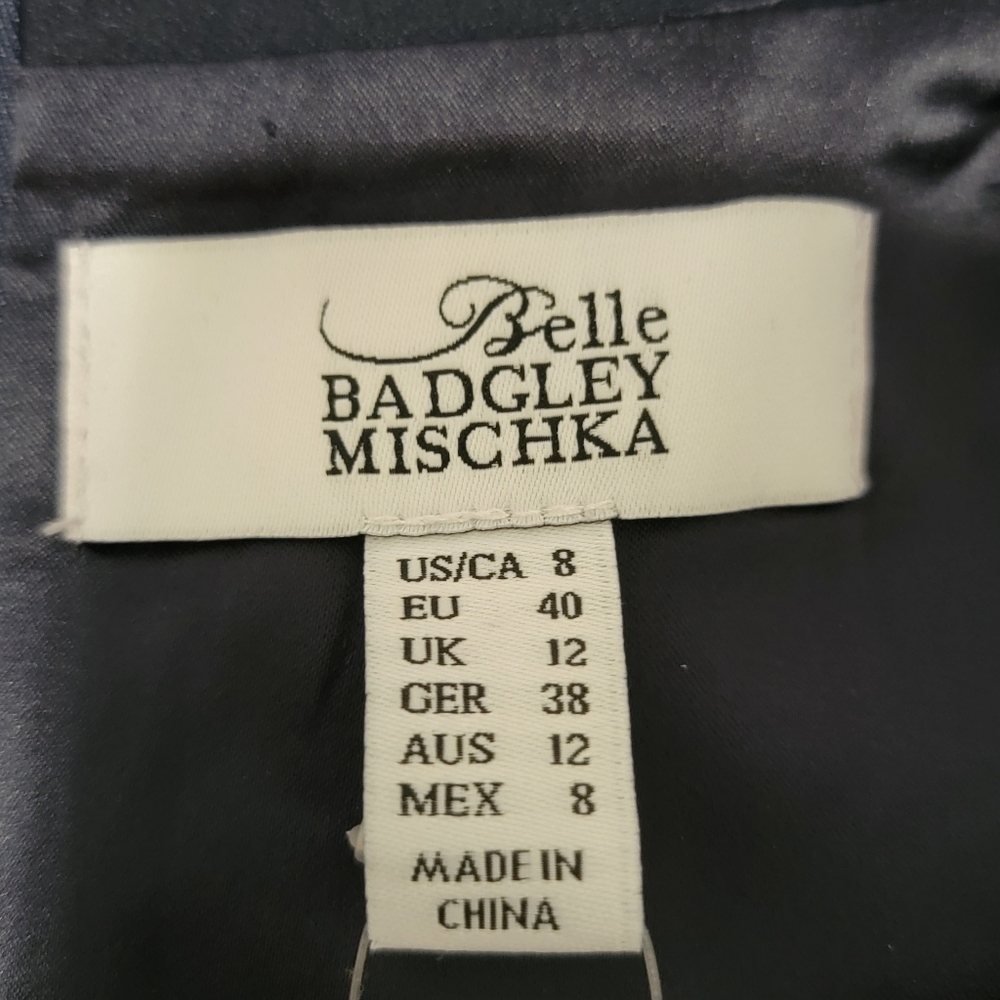 Badgley Mischka Size 8 Navy Blue Silver Floral Sheath Kurstin Dress w/ Pockets - Picture 8 of 12
